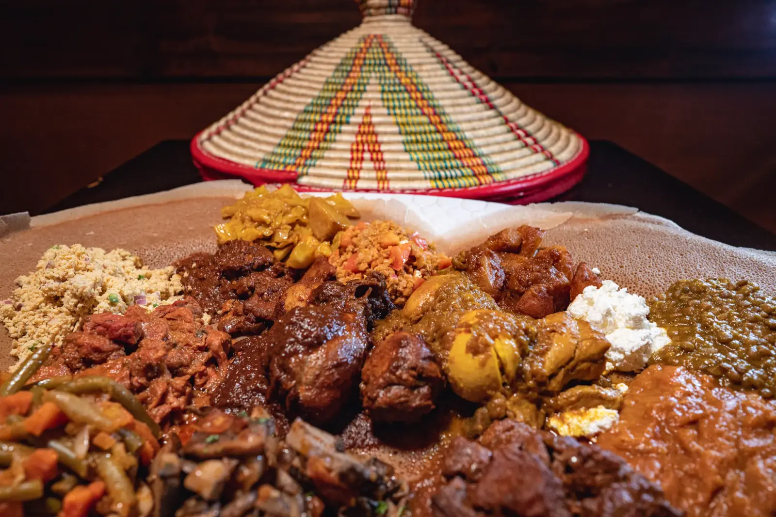 A spread of Ethiopian dishes served at Mesob